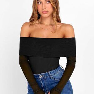 Y2K Off-Shoulder Mesh Long Sleeve Top – Sexy Slim Fit Trendy Top Club Wear